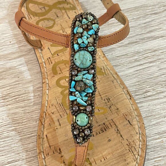 Sam Edelman Sandals 6.5 Tan Turquoise Blue Stones Beads Cork Thong T Strap Flat - Picture 2 of 12